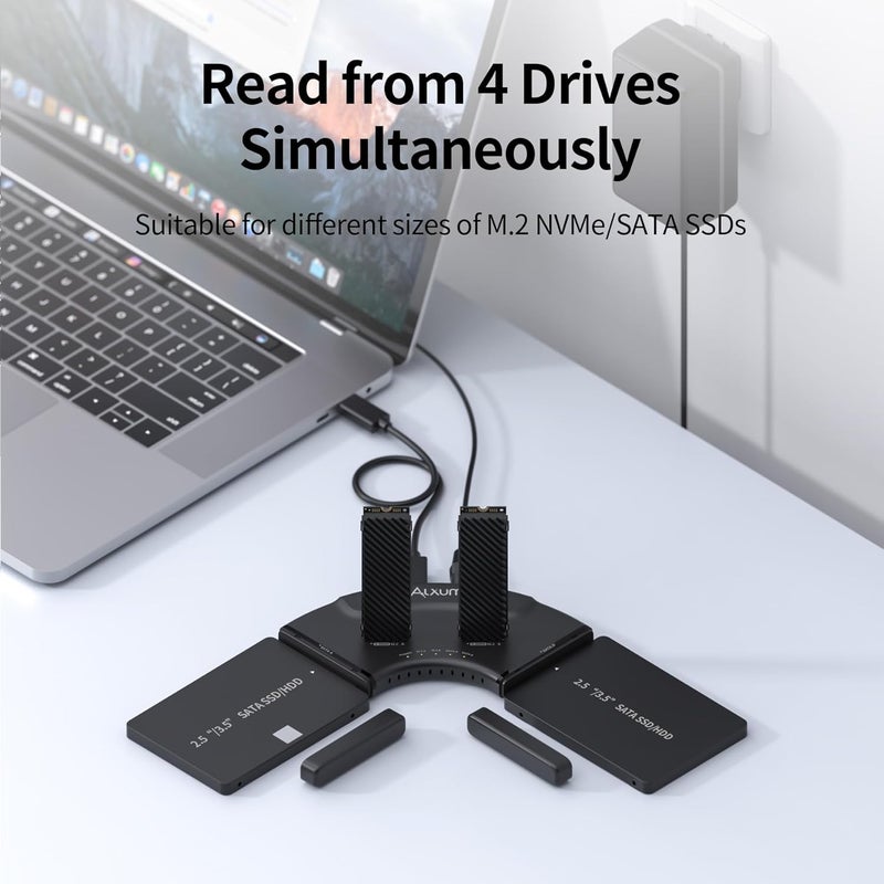 ALXUM قارئ حاوية SSD مزدوج M.2 NVMe و SATA مزدوج 4-خليج، محطة إرساء محول قرص صلب خارجي USB-C 10Gbps، PCIe 3.0 NVMe/SATA إلى USB بدون أدوات للكمبيوتر الشخصي/ماك/لينكس/أندرويد - Image 2